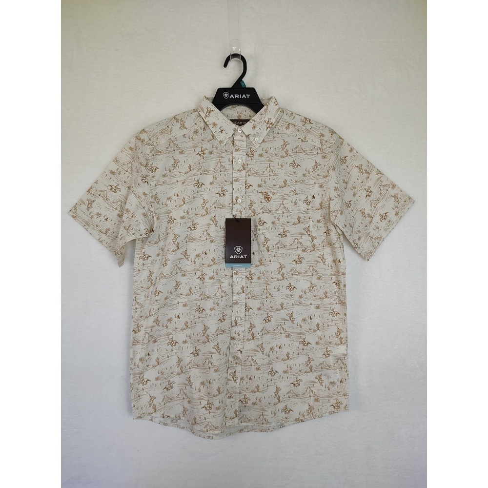 Ariat Mens Short Sleeve Western Desert Cowboy‎ Print Button Down Shirt Cream M